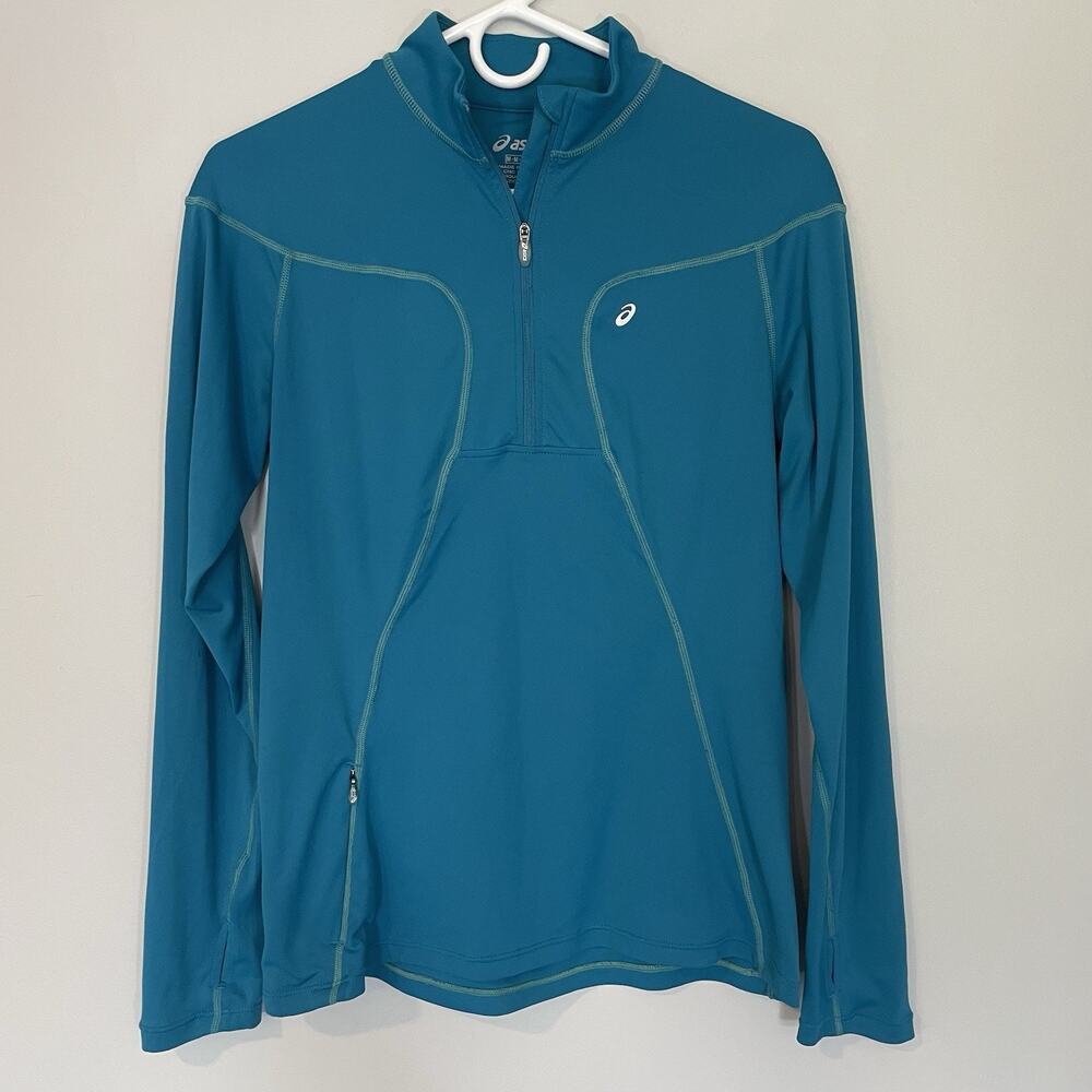 Asics Womens‎ Sz M Teal Blue 1/4 Zip Long Sleeve Athletic Pullover Thumb Shirt